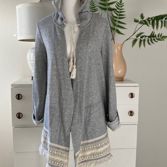 DEMOCRACY cardigan gray lace trim open front hood size M - Picture 2 of 3